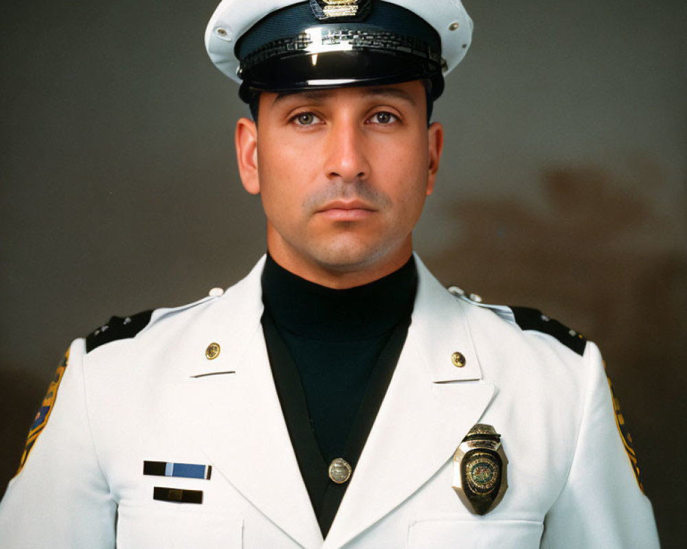 Male officer in white dress uniform with badges and peaked cap portrait.