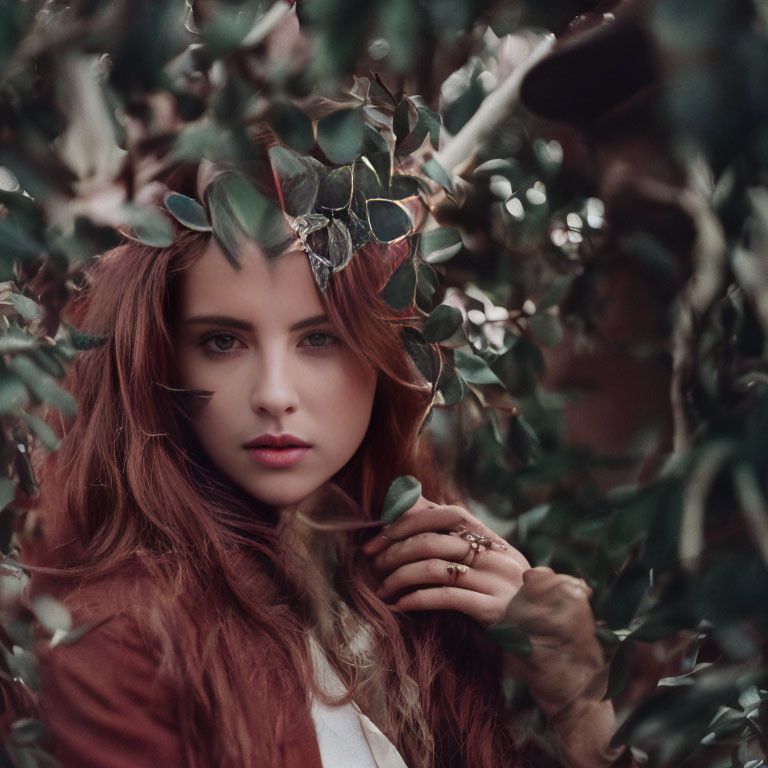 Red-haired woman gazes through green leaves in soft-focus forest ambiance