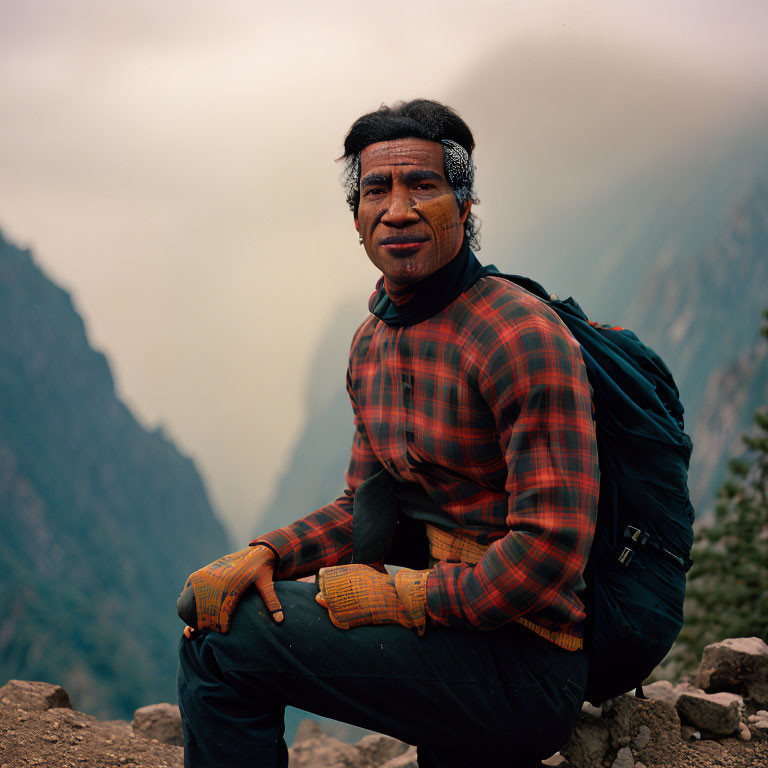 Person in Plaid Shirt Smiling Outdoors with Mountainous Background