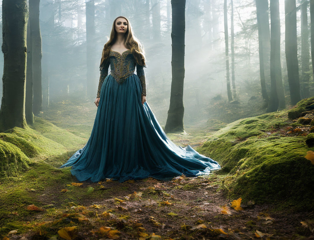 Elegant person in blue gown in misty green forest with sunlight