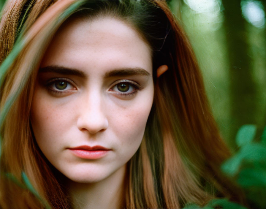 Young woman with penetrating gaze and long brown hair, framed by green foliage.