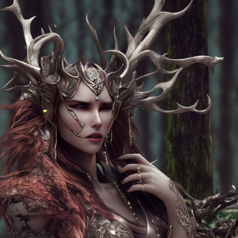 Fantasy portrait of woman with antler headpiece and armor in mystical forest