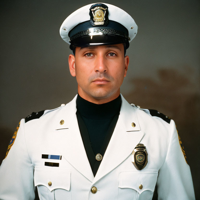 Male officer in white dress uniform with badges and peaked cap portrait.