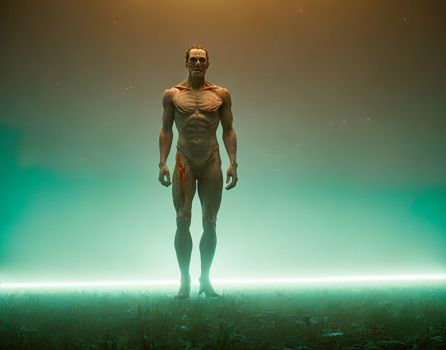 Muscular man in mystical green-lit landscape with glowing horizon and bleeding thigh injury