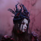 Dark-haired woman with braids and red flowers in front of purple blurred background