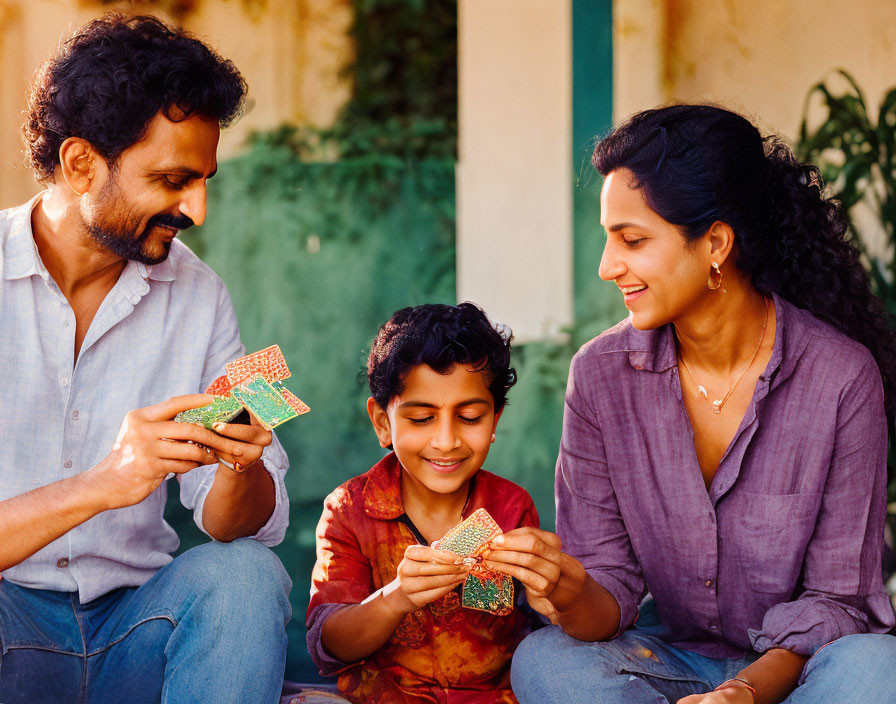 Family of Three Smiling with Child Holding Gift