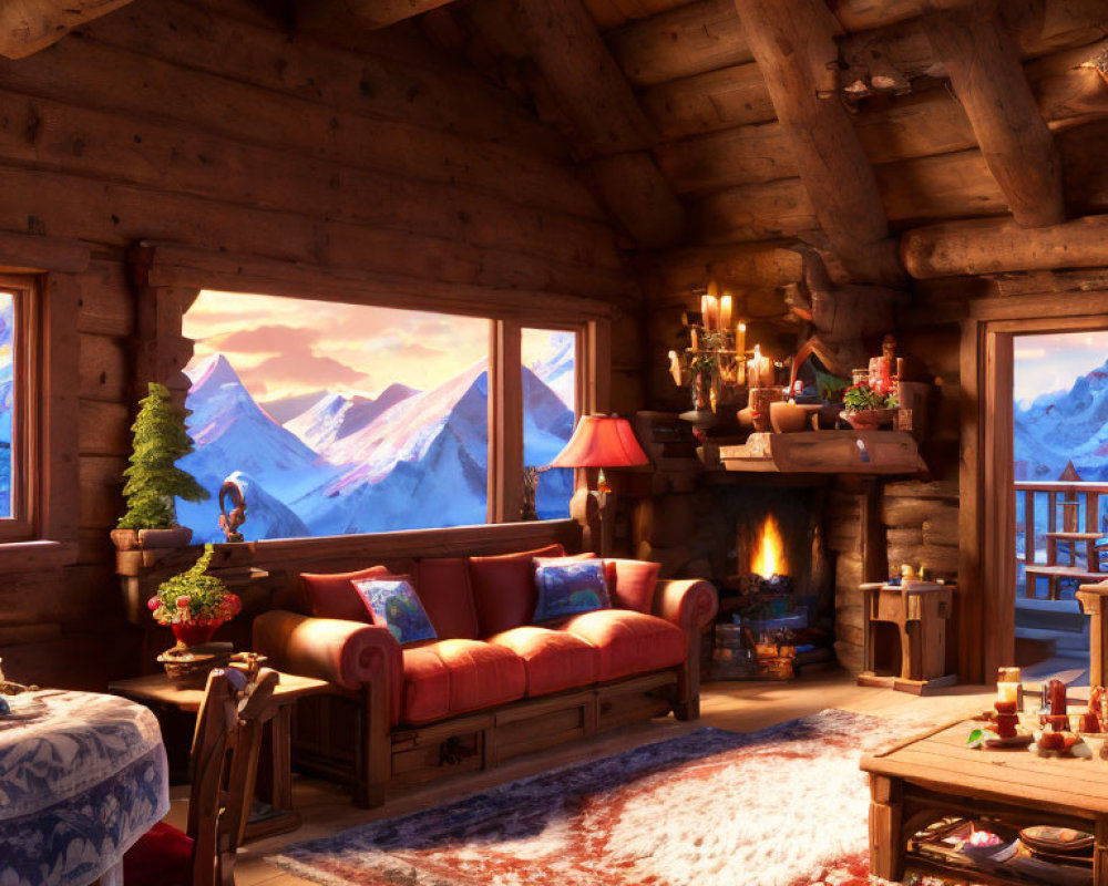 Rustic log cabin interior with fireplace, Christmas decor, snowy mountain view.