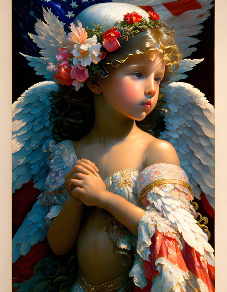 Portrait of angelic child with white wings and floral crown, draped in flag.