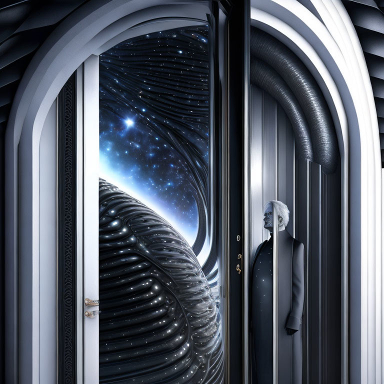 Futuristic doorway with starry universe and metallic structures.