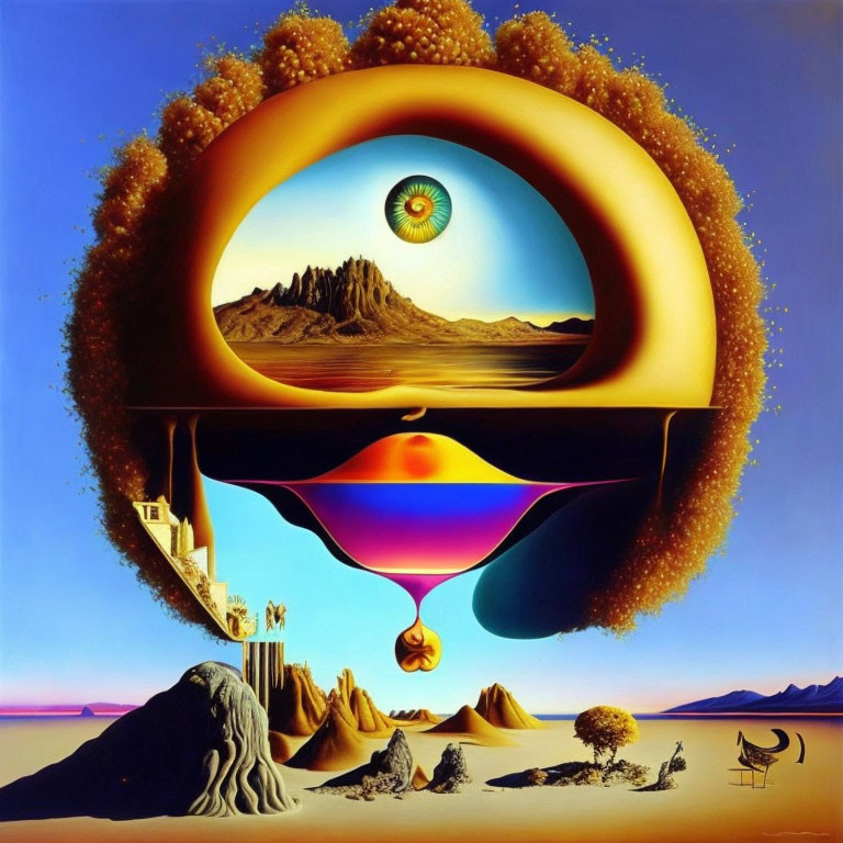 Surreal landscape with melting clock, desert, eye-shaped frame, cliffs, orbs, blue sky