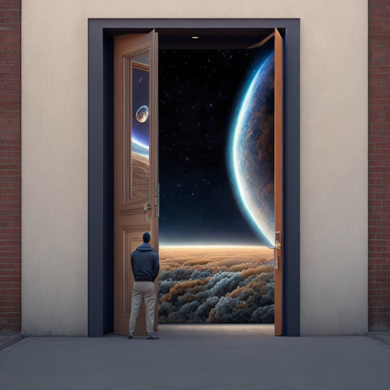 Person at Open Door Viewing Cosmic Scene with Planet and Moons