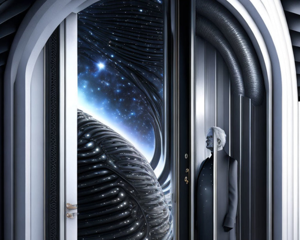 Futuristic doorway with starry universe and metallic structures.