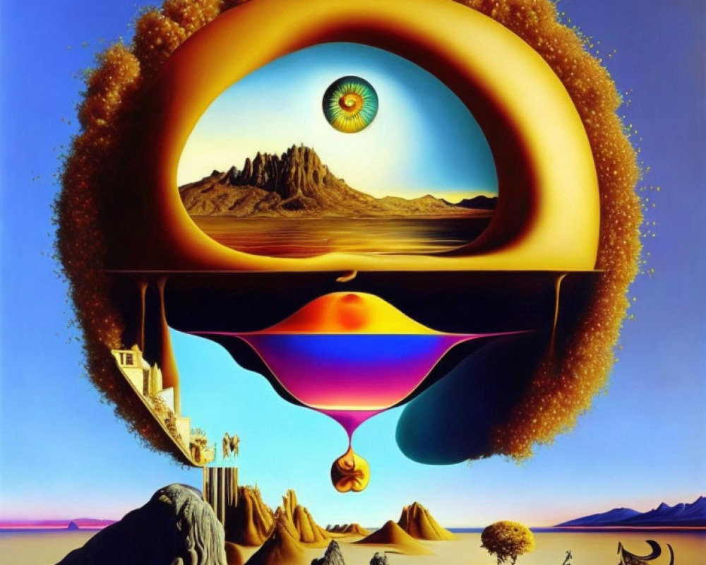 Surreal landscape with melting clock, desert, eye-shaped frame, cliffs, orbs, blue sky