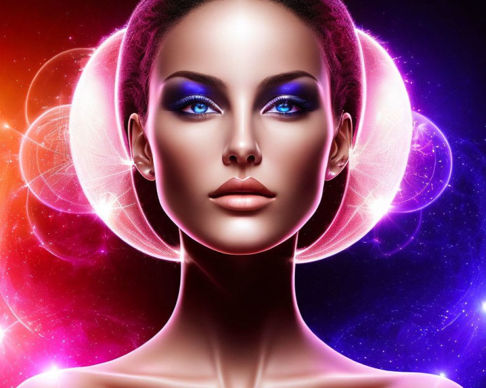 Ethereal digital art of woman with glowing skin and blue eye makeup