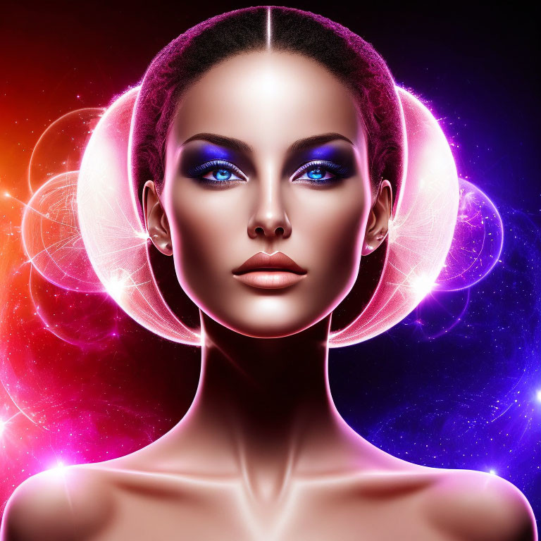 Ethereal digital art of woman with glowing skin and blue eye makeup