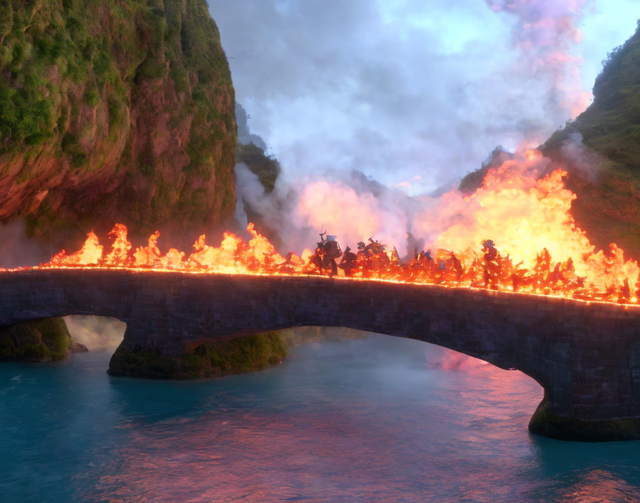 Stone bridge over river with figures on horseback engulfed in flames, misty cliffs at dawn or