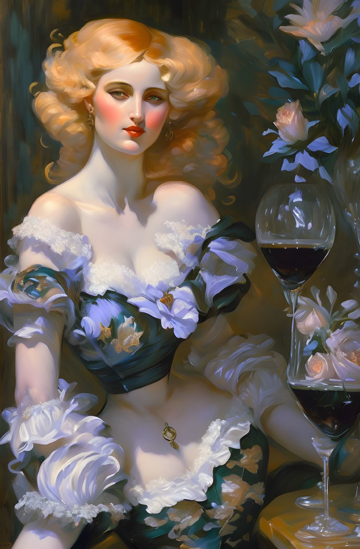 Blonde woman in blue and white dress with red wine and blue flowers