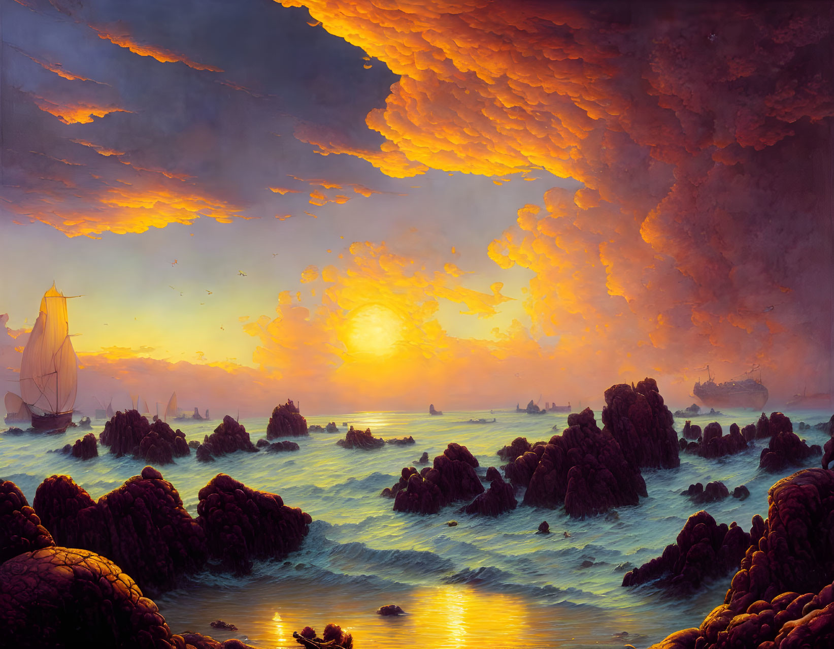 Fiery sunset over rocky seascape with sailboats