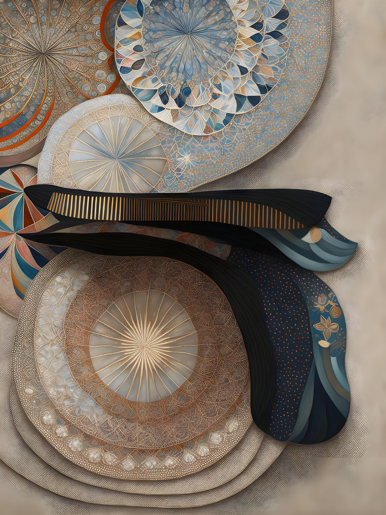 Detailed digital artwork: Layered circular patterns with floral and geometric designs in blues, browns, and