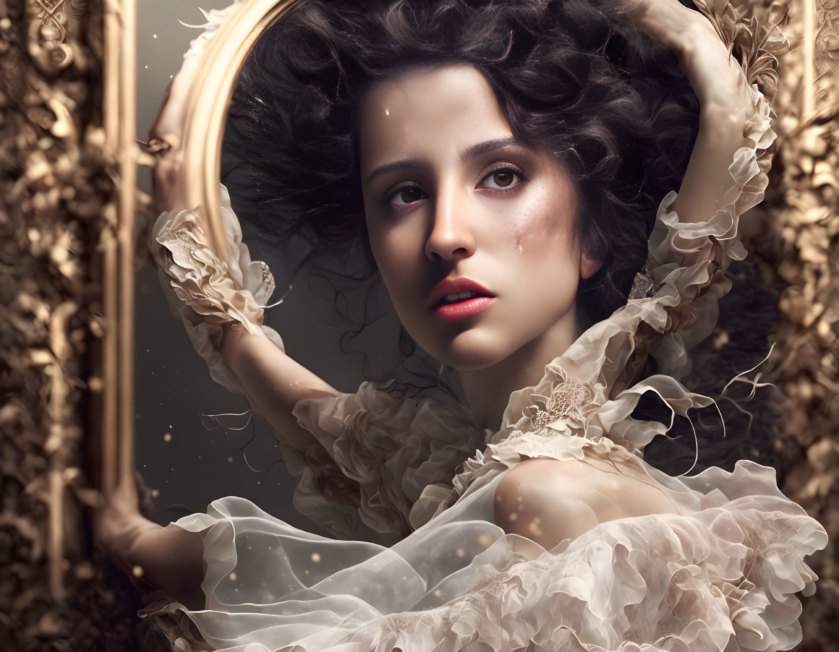 Woman with wavy hair and dramatic makeup in ornate mirror frame with soft ruffles.