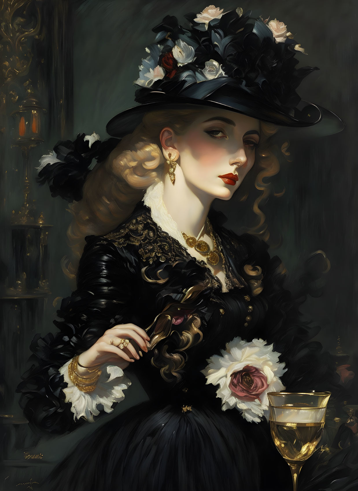 Victorian woman in black dress with fan and gilded glass