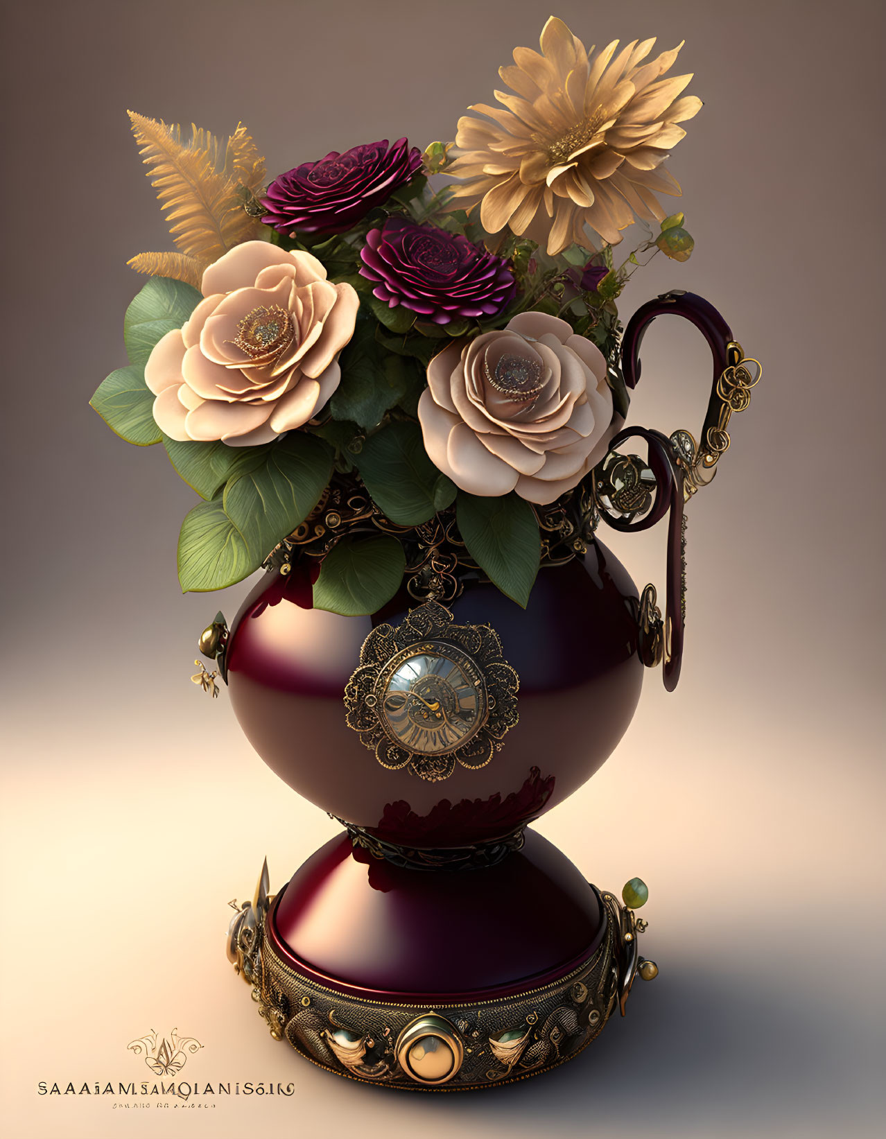 Ornate vintage teacup digital artwork with metallic finish and stylized flowers