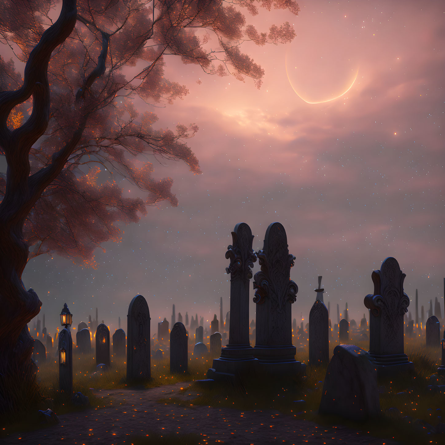 Mystical cemetery with pink trees, lanterns, gravestones, crescent moon