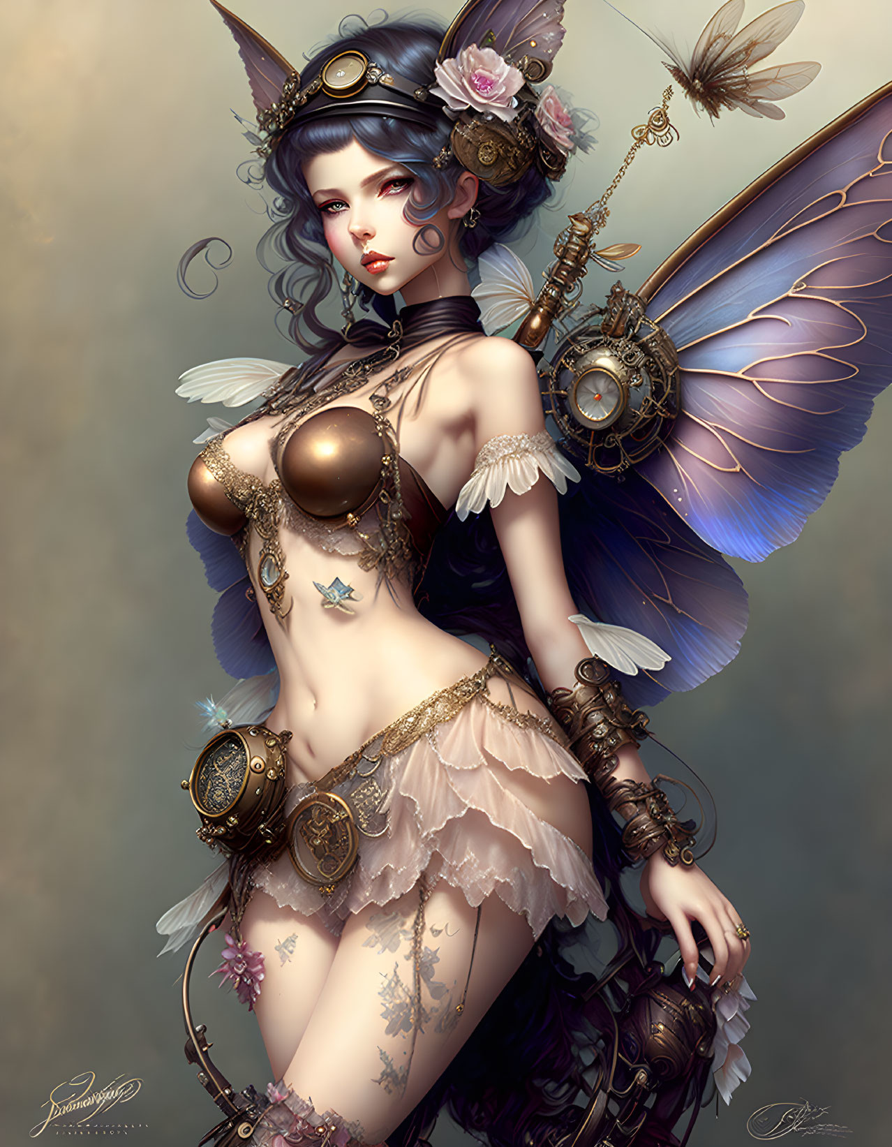 Fantasy character with mechanical butterfly wings in steampunk attire