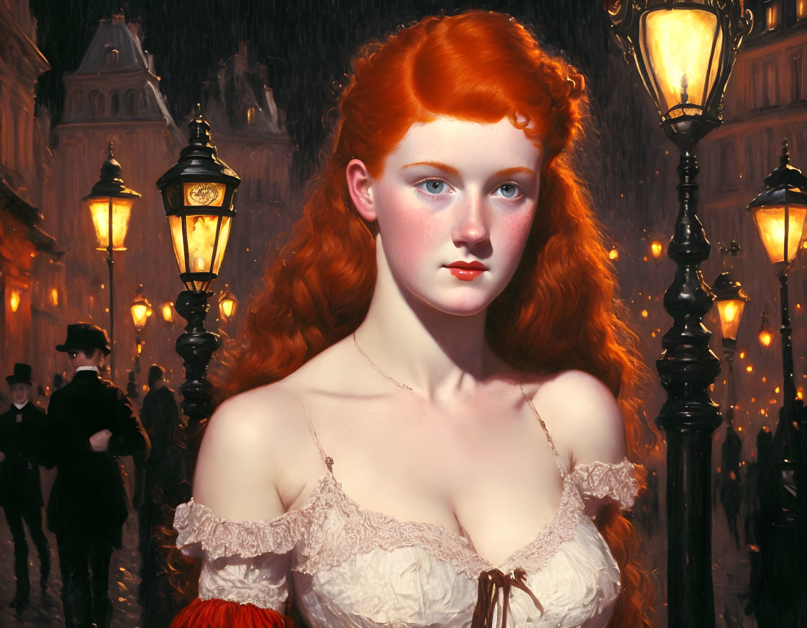 Portrait of woman with red hair in white dress against street lamps