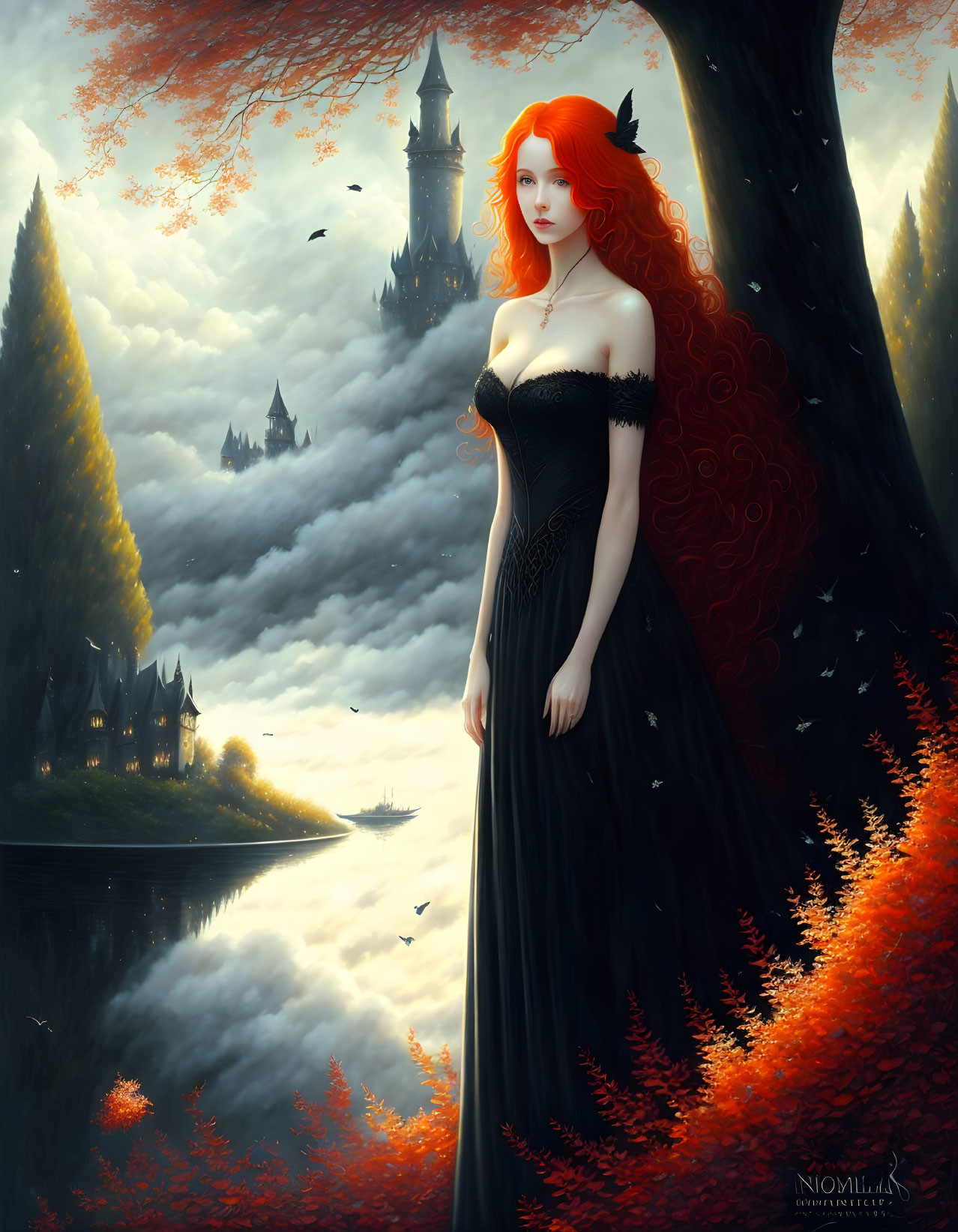 Red-haired woman in black dress in twilight fantasy landscape with castle, red foliage, and river