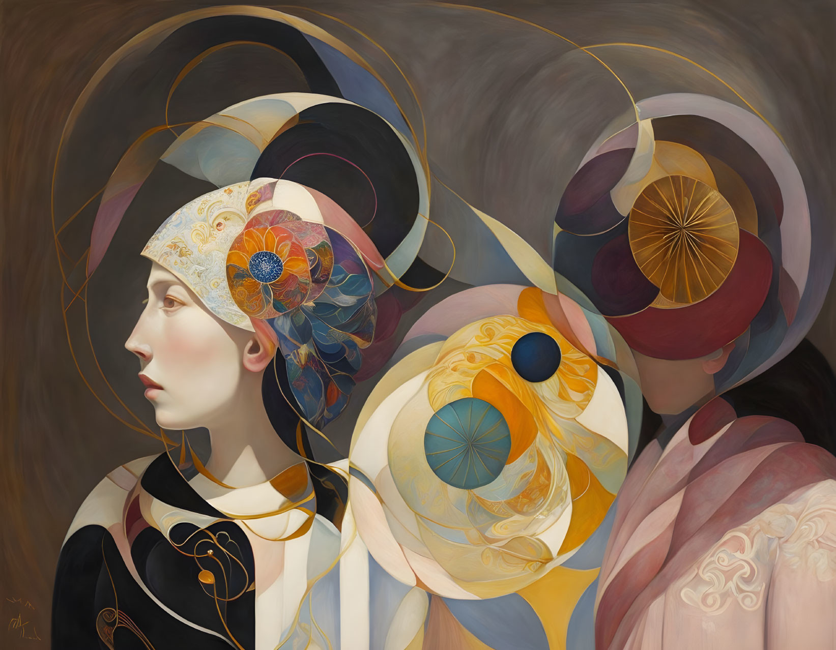 Ornate headwear and swirling patterns on two women in colorful artwork