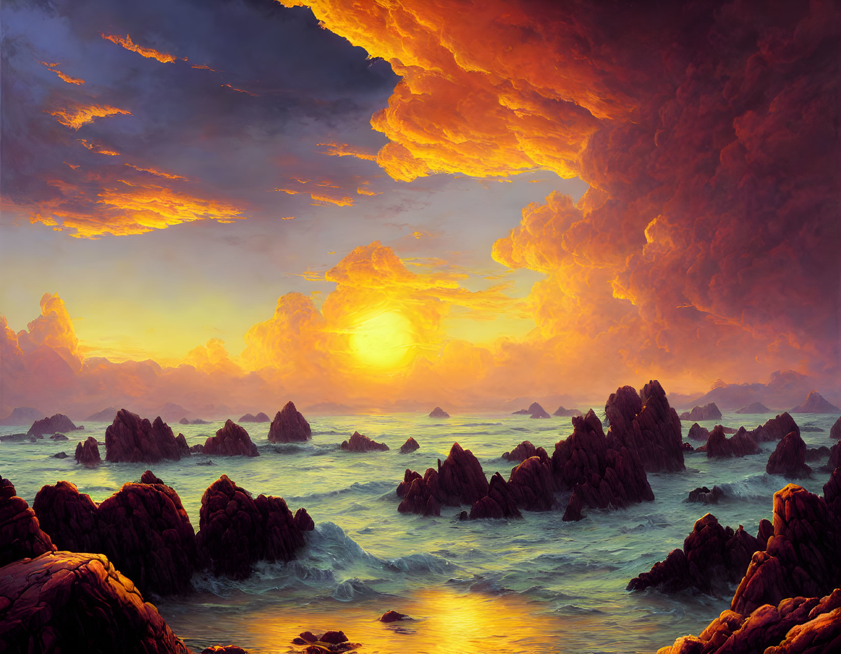 Fiery Orange Sunset Seascape with Jagged Rocks