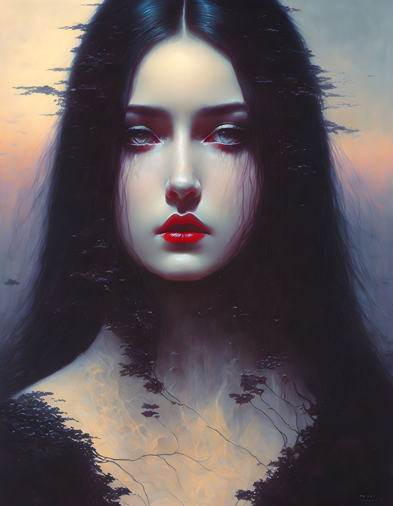 Digital painting: Woman with jet-black hair, porcelain skin, red lips, and eyes in twilight backdrop