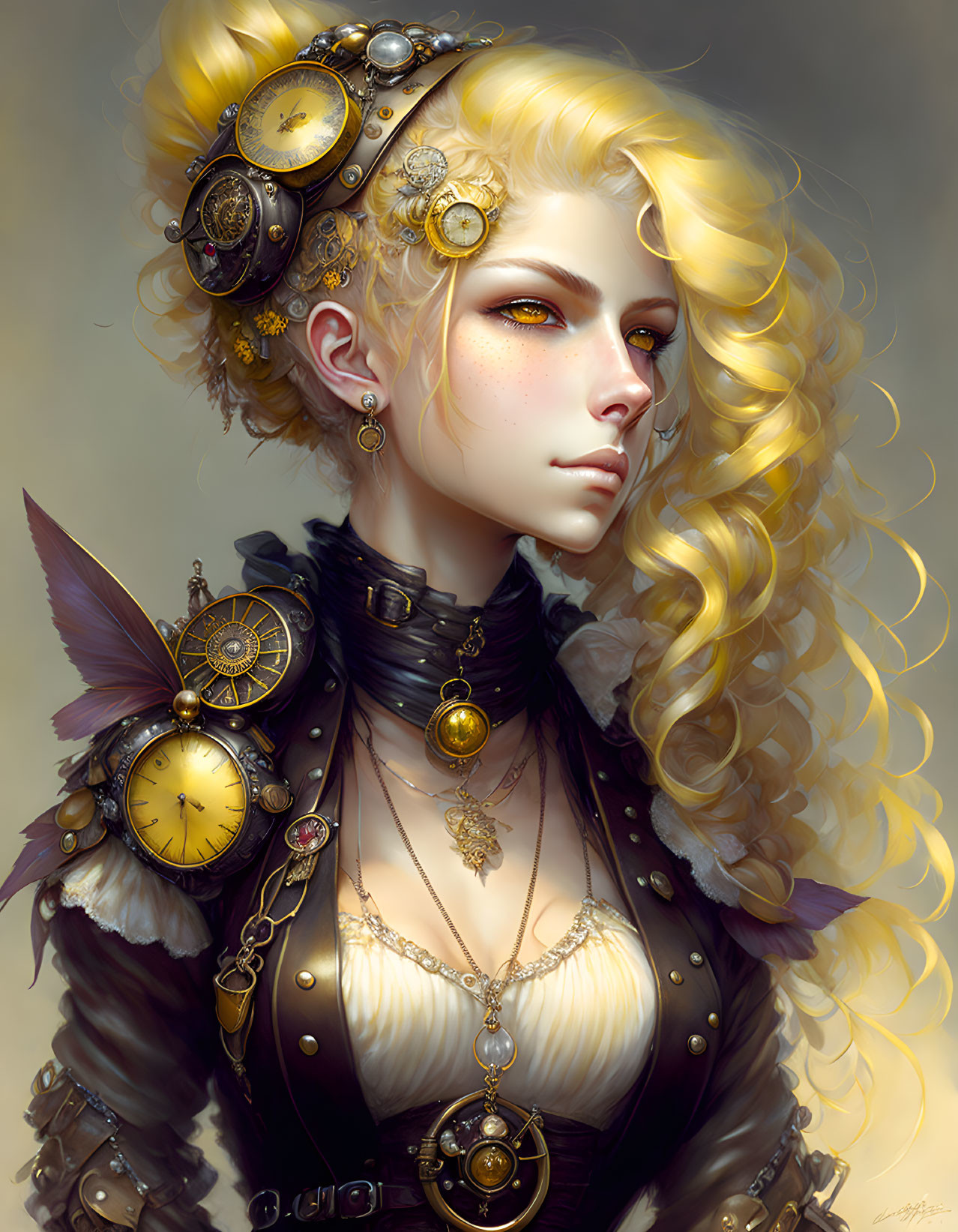 Steampunk-themed portrait of a woman with golden curly hair and gear accessories.