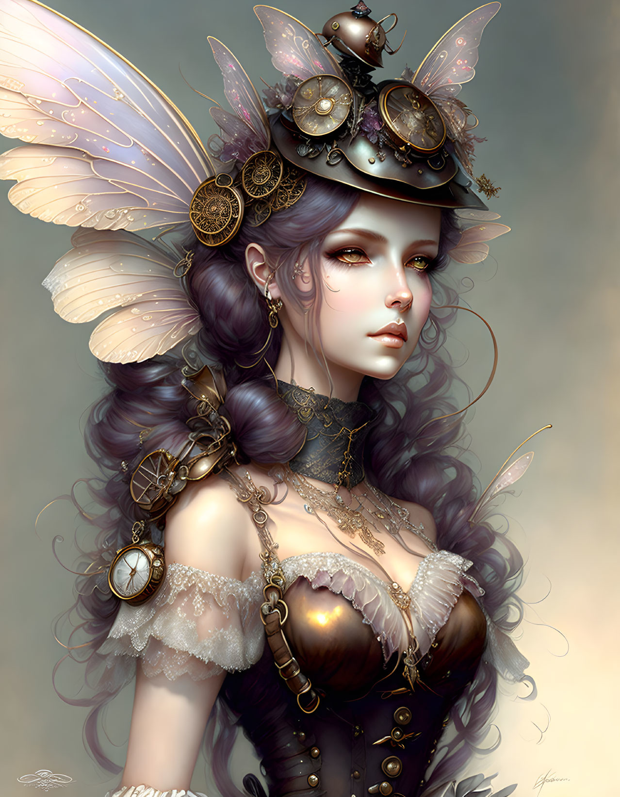 Steampunk-themed female figure with mechanical fairy wings and clockwork accessories.