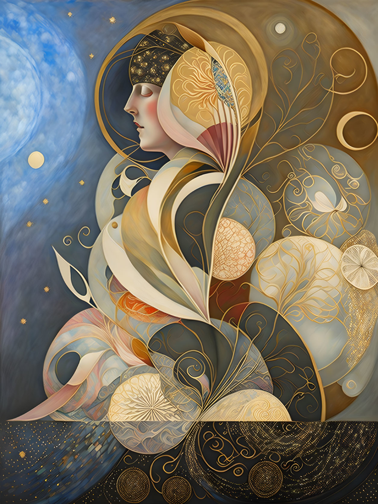 Celestial-themed woman illustration with moon and stars on blue background