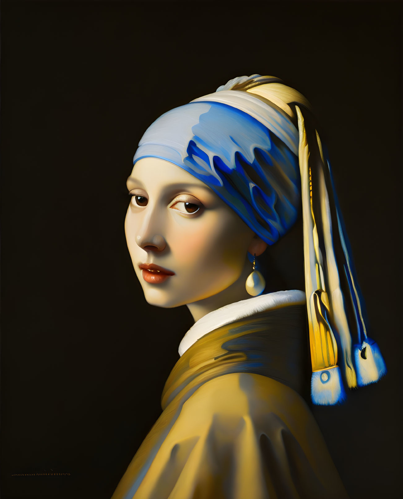 3D rendering of a young woman with a blue headscarf and large pearl earring