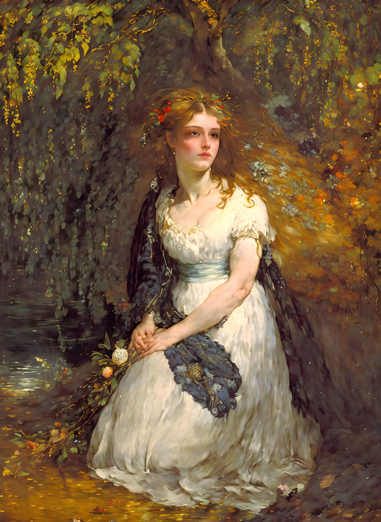 Portrait of young woman with leafy crown in white dress near autumn tree, holding blue fan and flowers