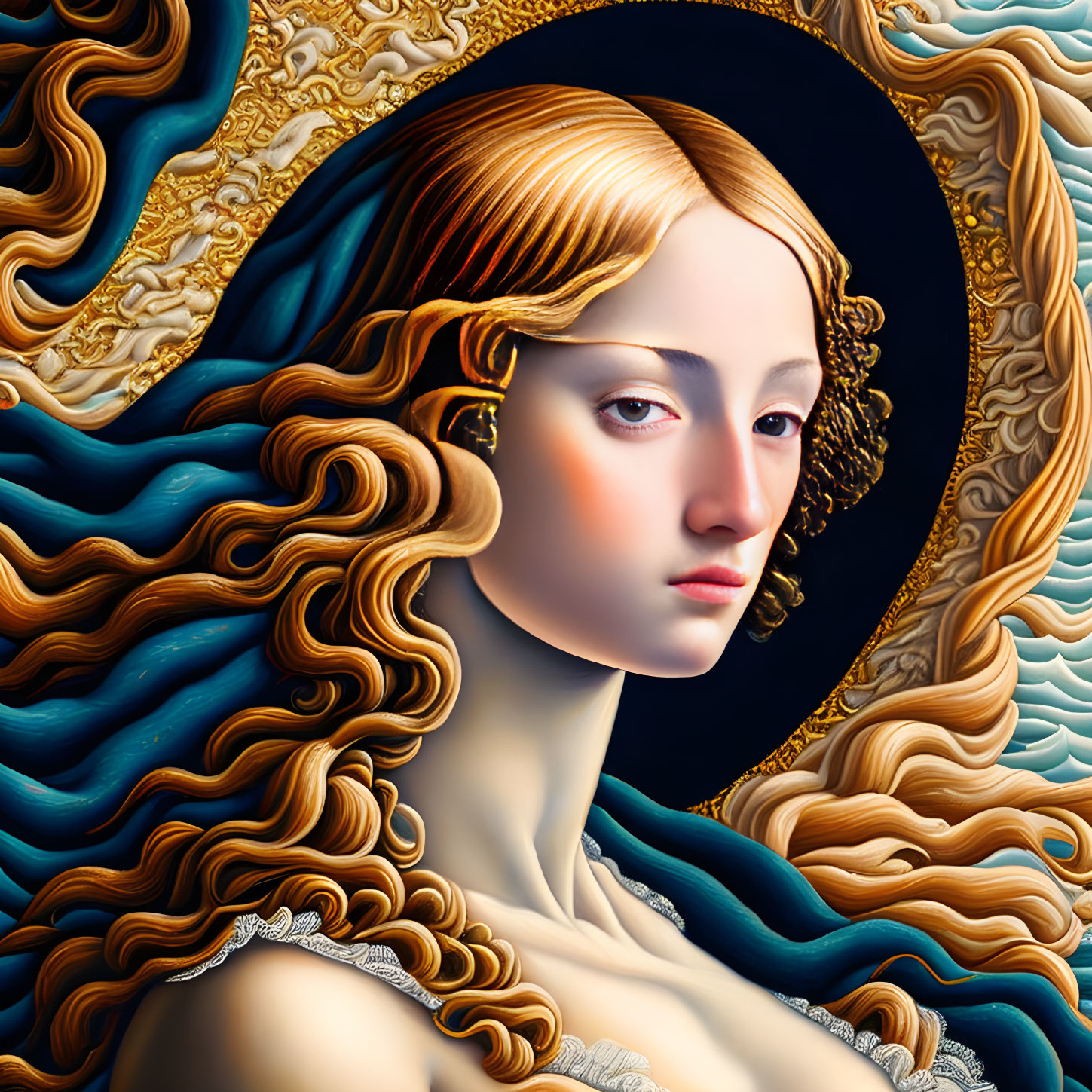 Renaissance-style digital art: Woman with golden hair in surreal setting