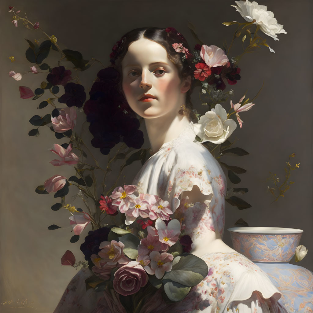 Woman with Floral Adornments Holding Bouquet Next to Vase