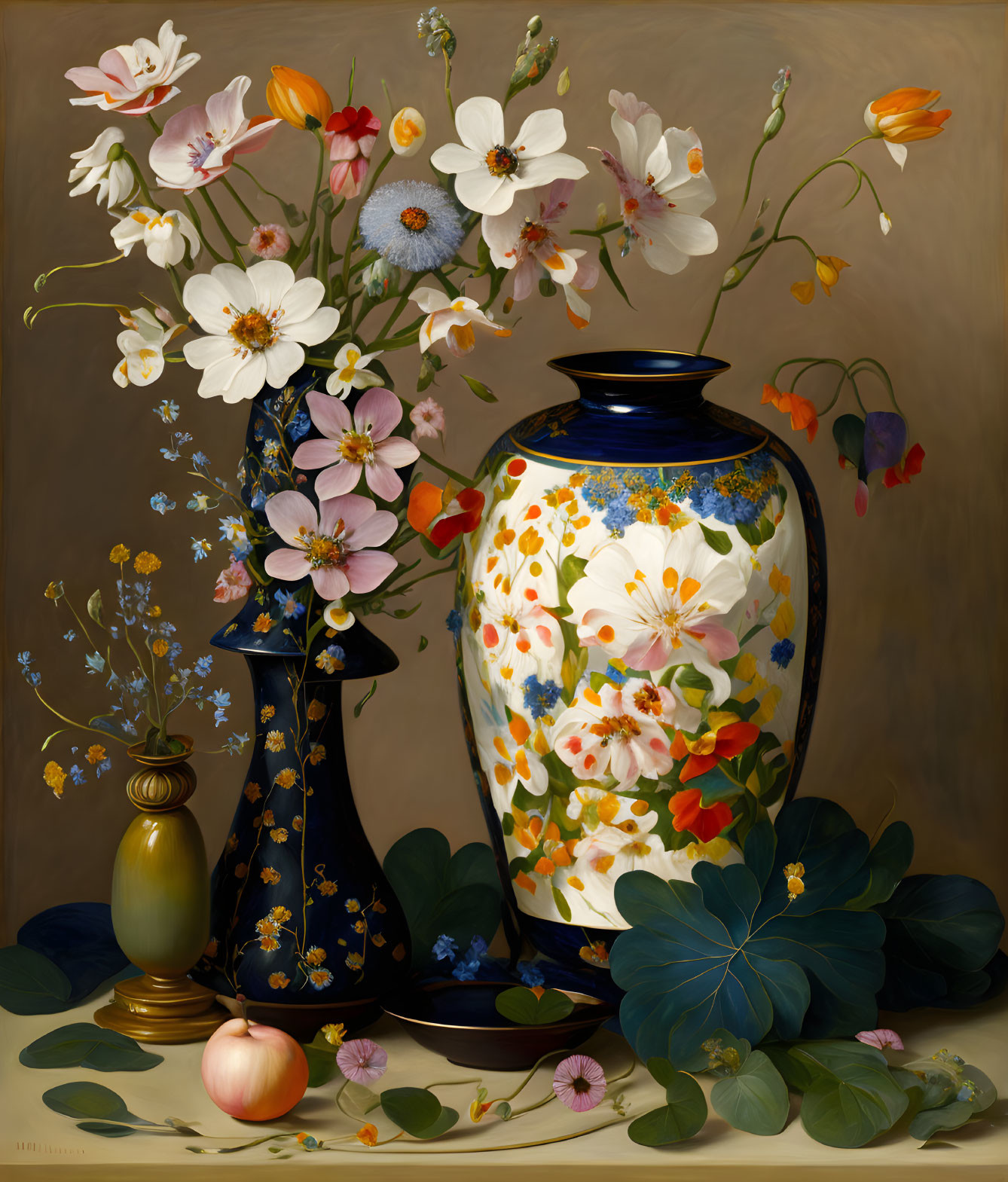 Ornate blue and white vase with colorful flowers and fruit on tabletop