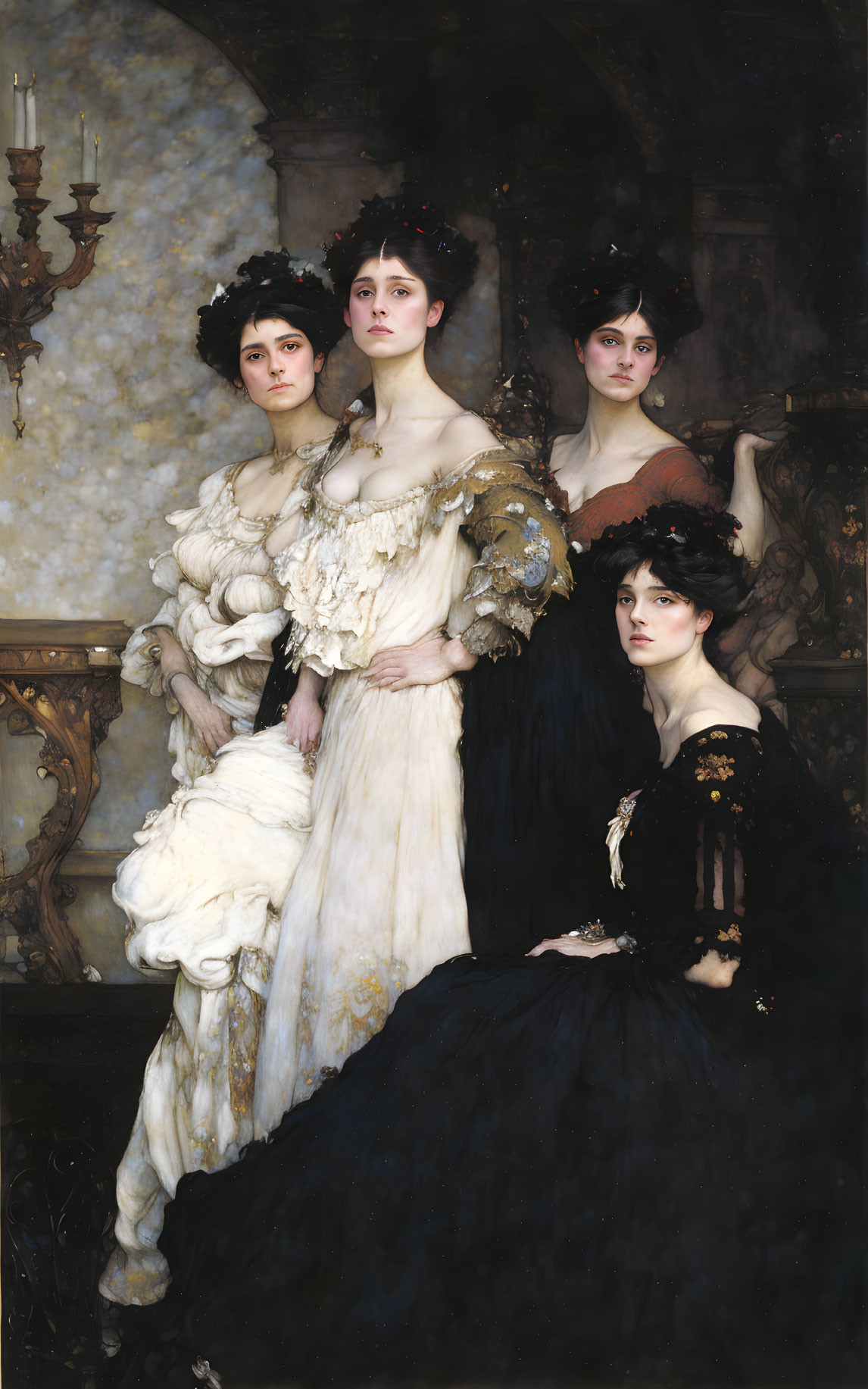 Four women in vintage dresses pose in ornate room with chandelier