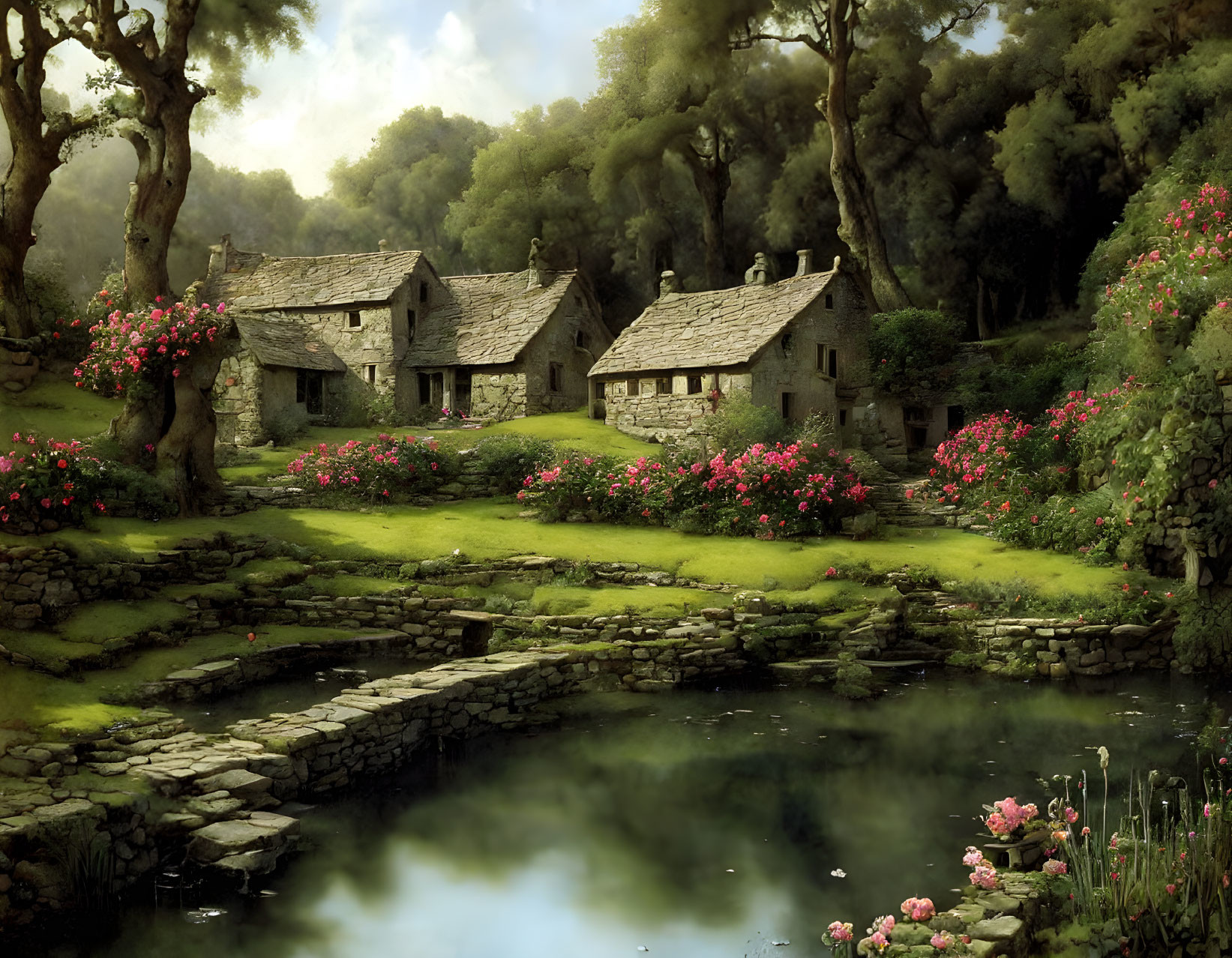 Tranquil rural landscape with stone cottages, lush greenery, pond, and misty trees