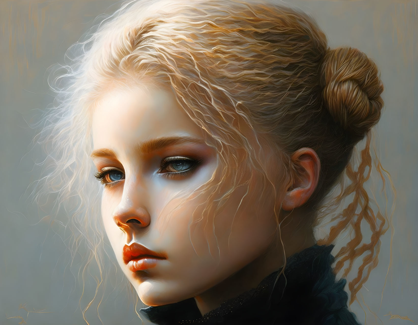 Young Woman Portrait: Blonde Hair, Braids, Blue Eyes, Thoughtful Expression