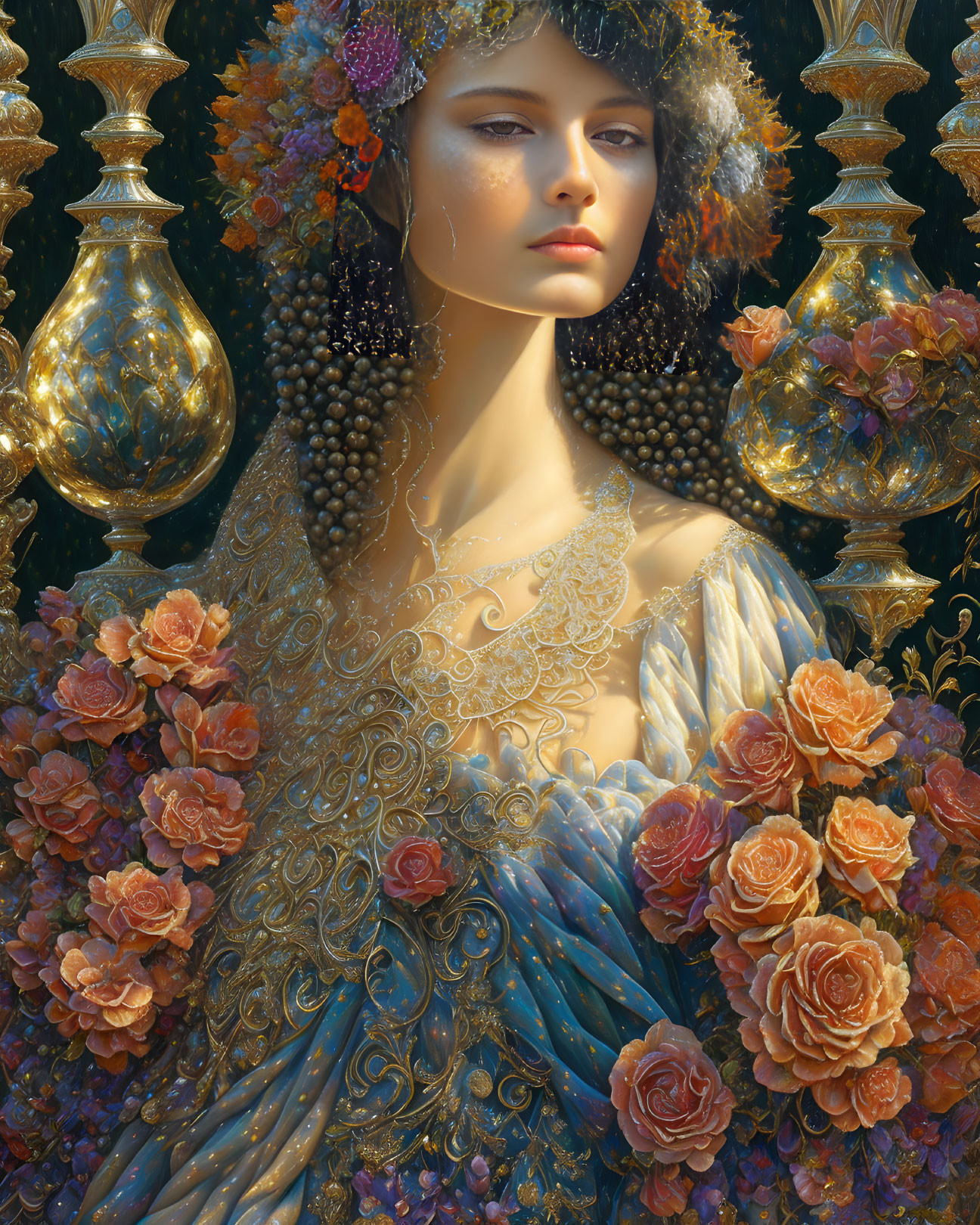 Elegant woman with golden flowers and ornate vases