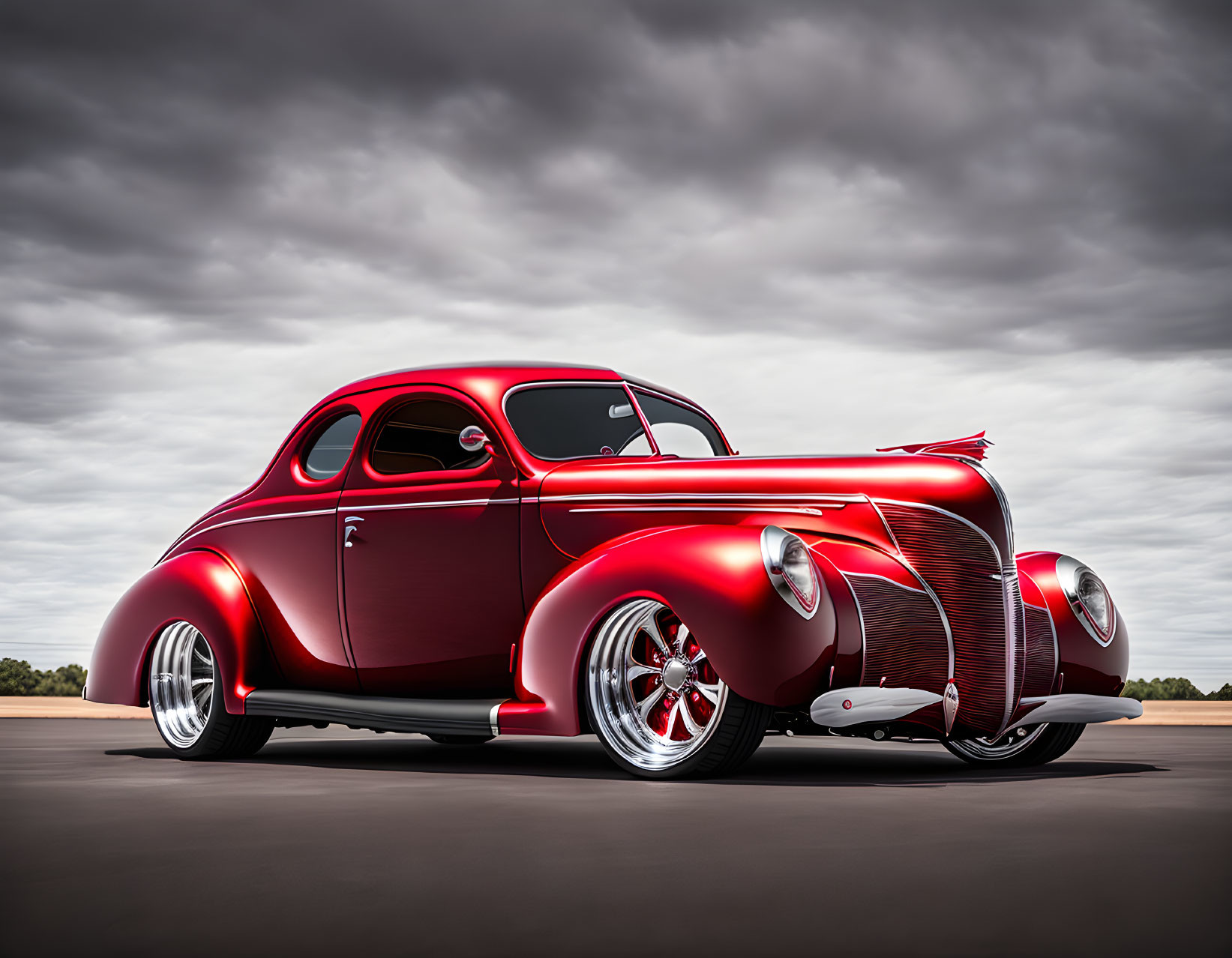 Vintage Custom Red Car with Shining Chrome Accents on Tarmac