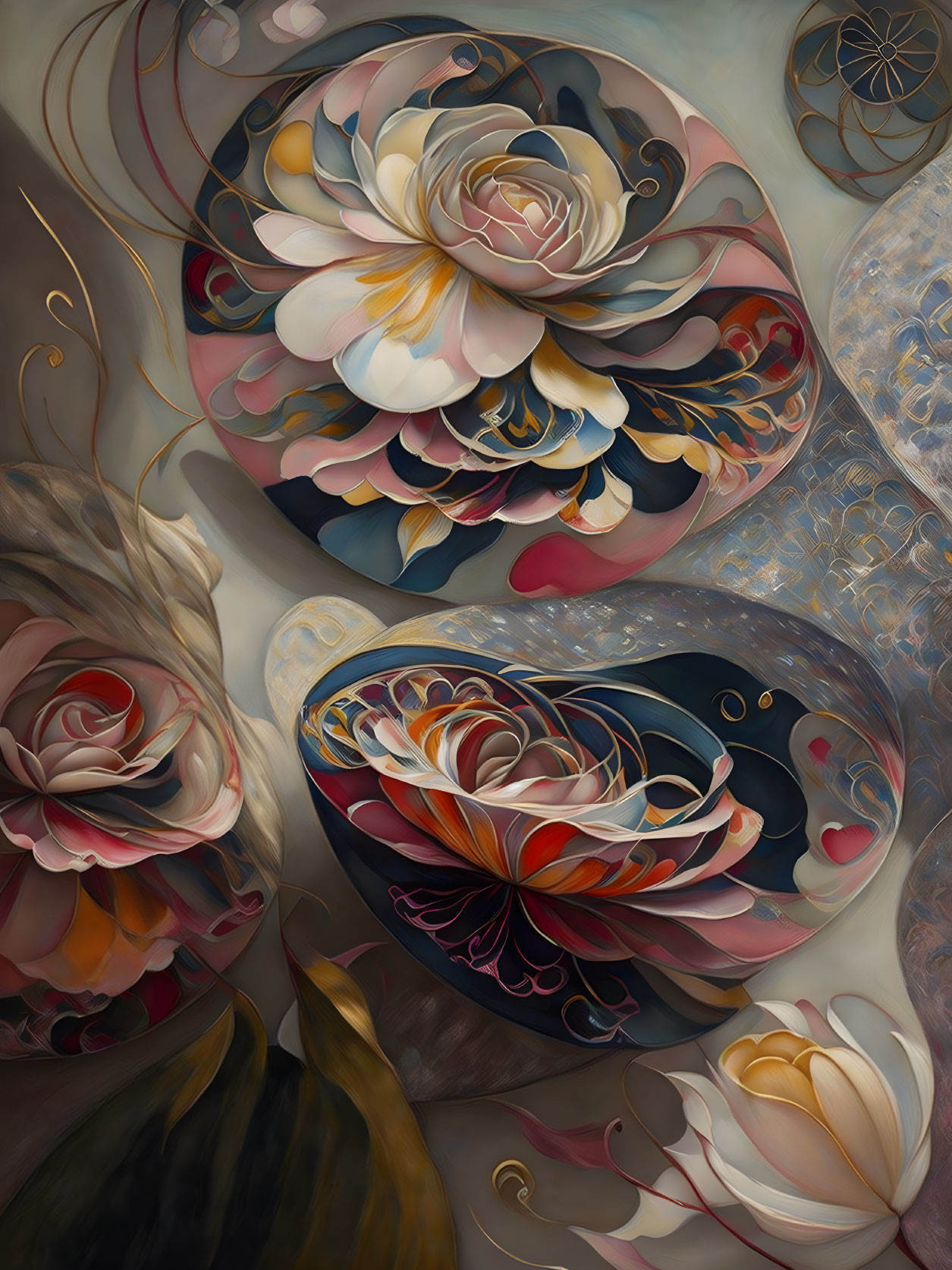 Multilayered, stylized flower art with warm tones and swirling patterns