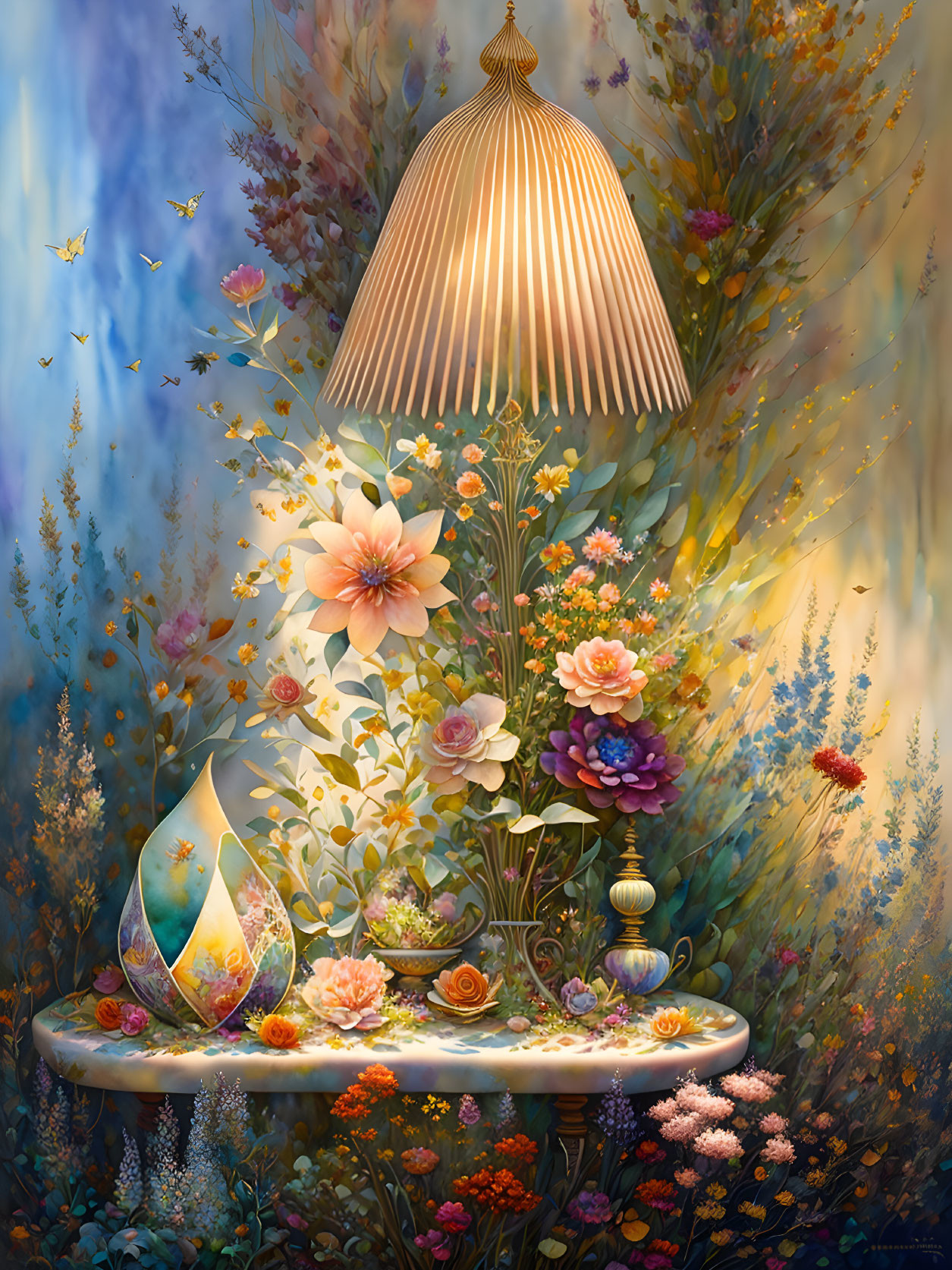 Fantasy garden illustration with glowing lamp, vibrant flowers, butterflies, table with plants and fruits