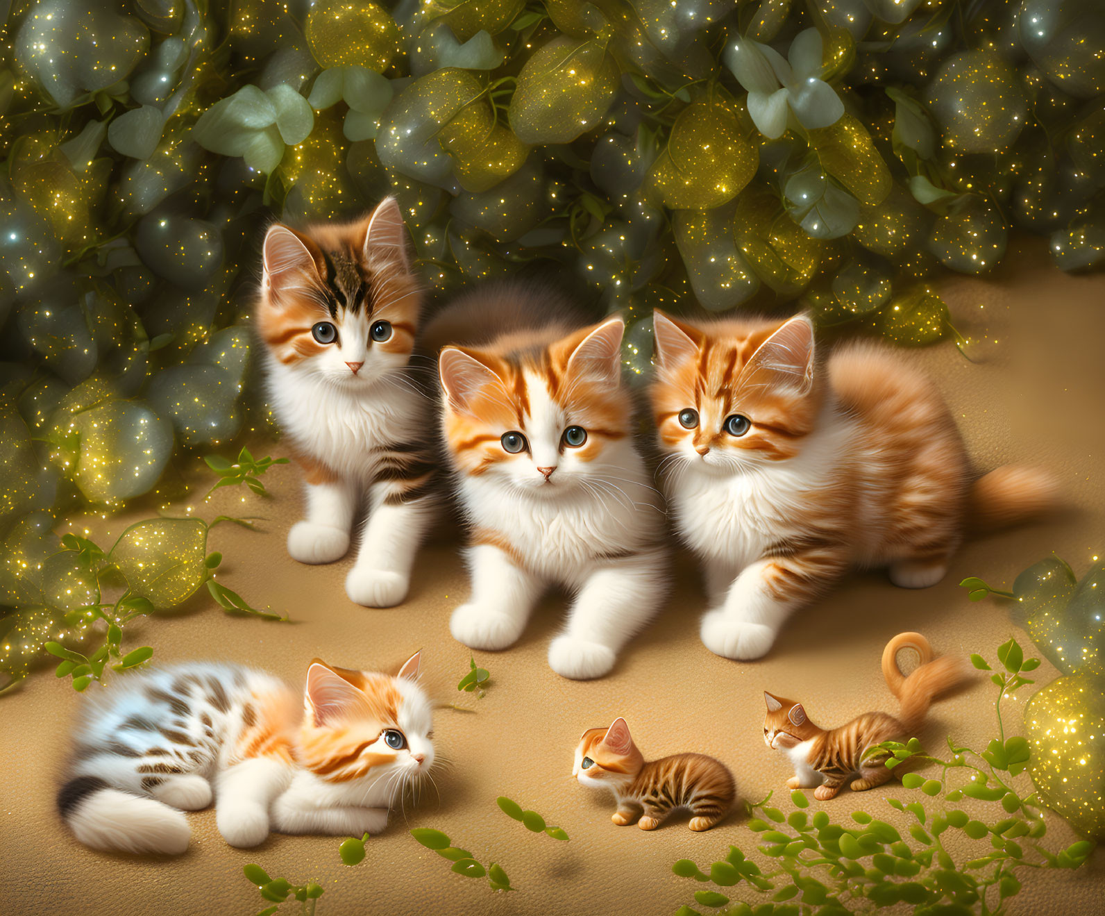 Five fluffy kittens in a festive setting with twinkling lights, leaves, and a playful butterfly encounter.