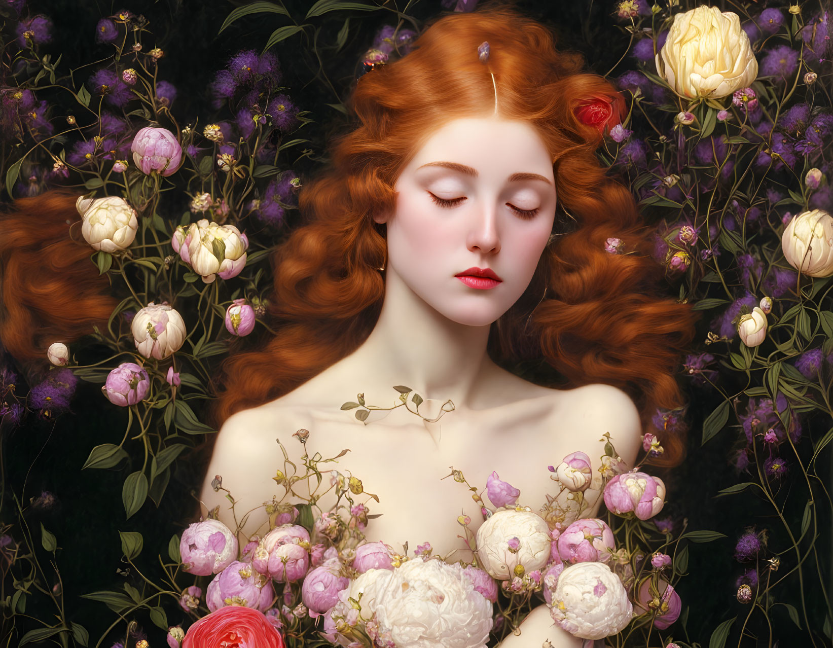 Red-haired woman surrounded by colorful flowers on dark background